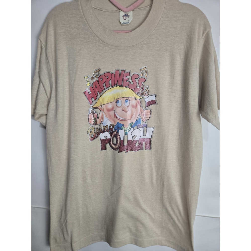 True Vintage 70s Happiness Is Being Polish T-shirt Sz Lg Single Stitch Humor
